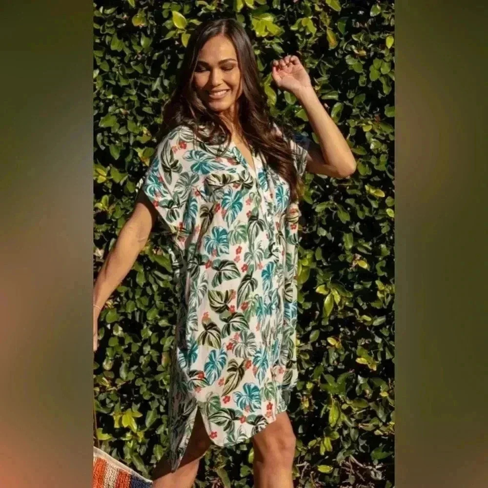 Lost & Wander Seascape Cover Up Dress Shirt Dress Green Tropical Print Size M/L - Picture 1 of 13